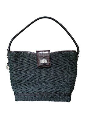 Vintage Brighton WENDY Dark Gray Woven Shoulder Bag w/ Croc Embossed Trim
